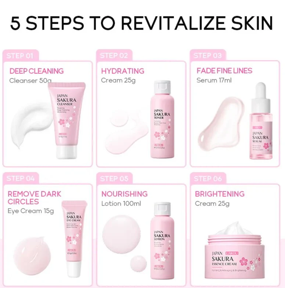 Pack Kbeauty 6 pièces/ensemble Sakura, soins de la peau, crème visage, sérum Toner, nettoyant visage, crème pour les yeux visage